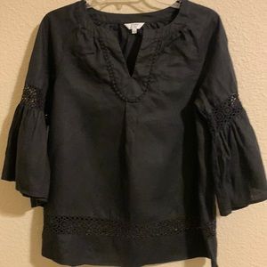 Crown&Ivy 3/4 Bell Sleeves, V-Neck Linen Tunic w/Crocheted Detail, size Small
